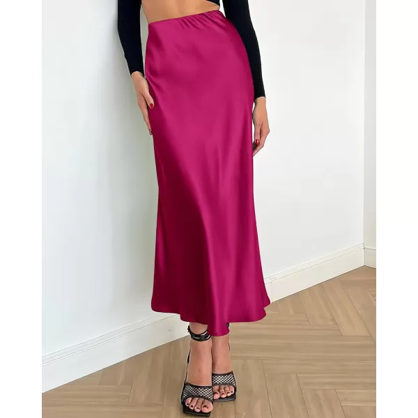 imageBTFBM 2023 Womens Long Satin Summer Fall Skirt Silk Elegant High Waist Cocktail Party Wedding Flared ALine Midi SkirtsSolid Rose Red