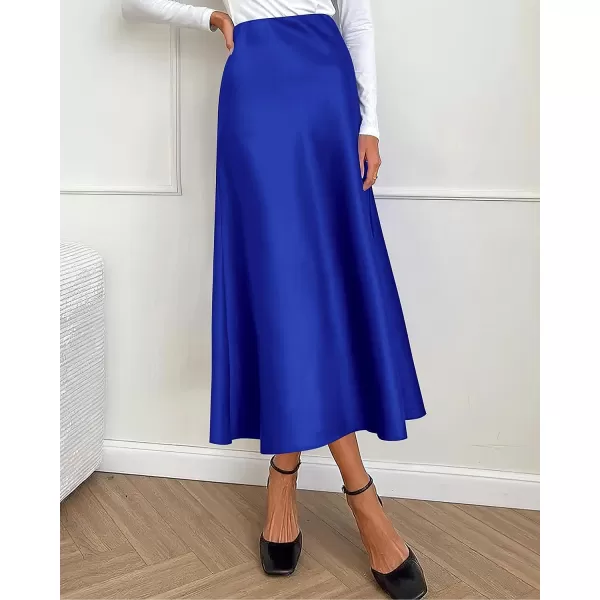 imageBTFBM 2023 Womens Long Satin Summer Fall Skirt Silk Elegant High Waist Cocktail Party Wedding Flared ALine Midi SkirtsSolid Royal Blue
