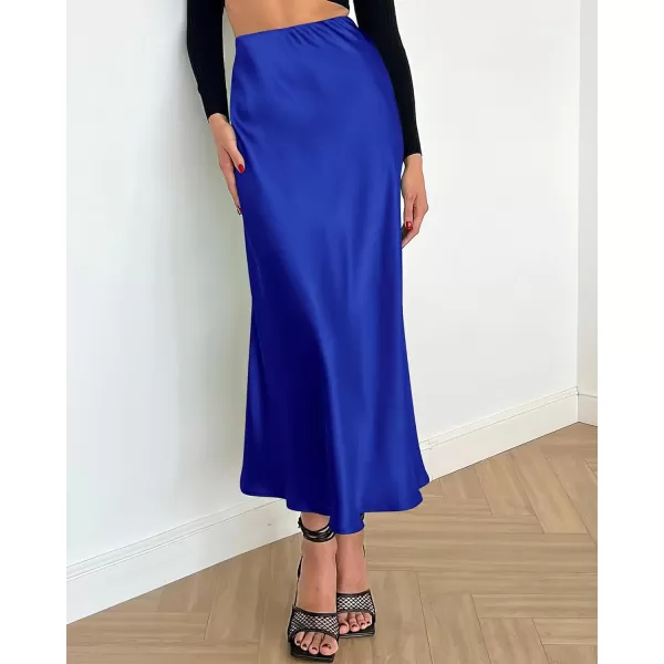 imageBTFBM 2023 Womens Long Satin Summer Fall Skirt Silk Elegant High Waist Cocktail Party Wedding Flared ALine Midi SkirtsSolid Royal Blue