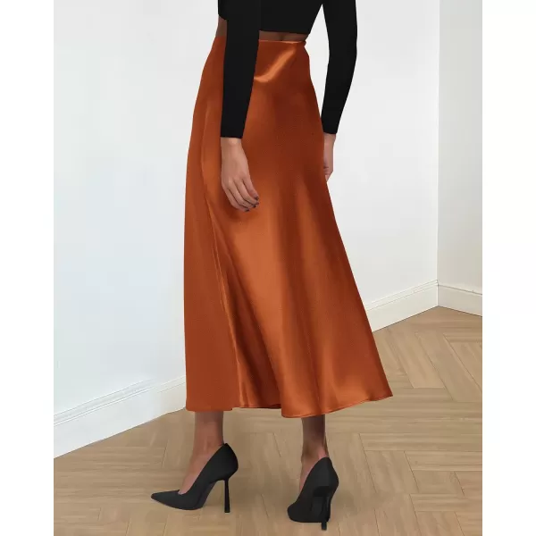 imageBTFBM 2023 Womens Long Satin Summer Fall Skirt Silk Elegant High Waist Cocktail Party Wedding Flared ALine Midi SkirtsSolid Rust Red