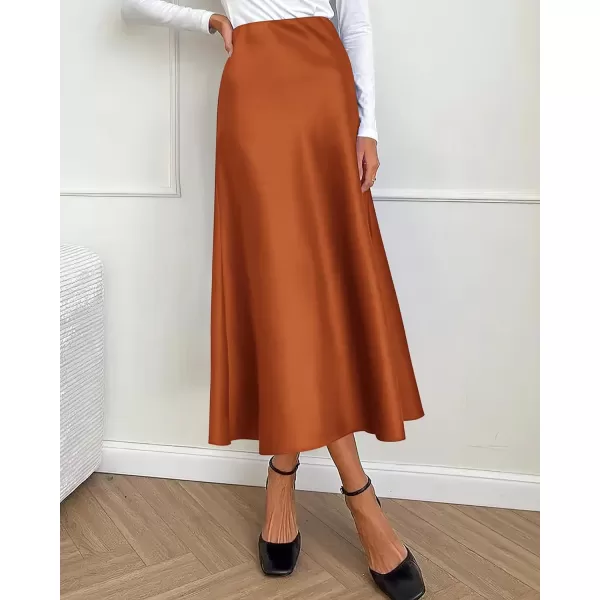 imageBTFBM 2023 Womens Long Satin Summer Fall Skirt Silk Elegant High Waist Cocktail Party Wedding Flared ALine Midi SkirtsSolid Rust Red