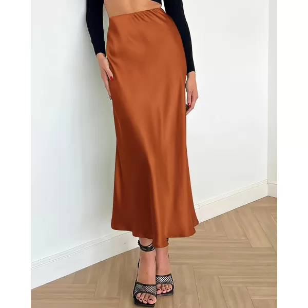 imageBTFBM 2023 Womens Long Satin Summer Fall Skirt Silk Elegant High Waist Cocktail Party Wedding Flared ALine Midi SkirtsSolid Rust Red