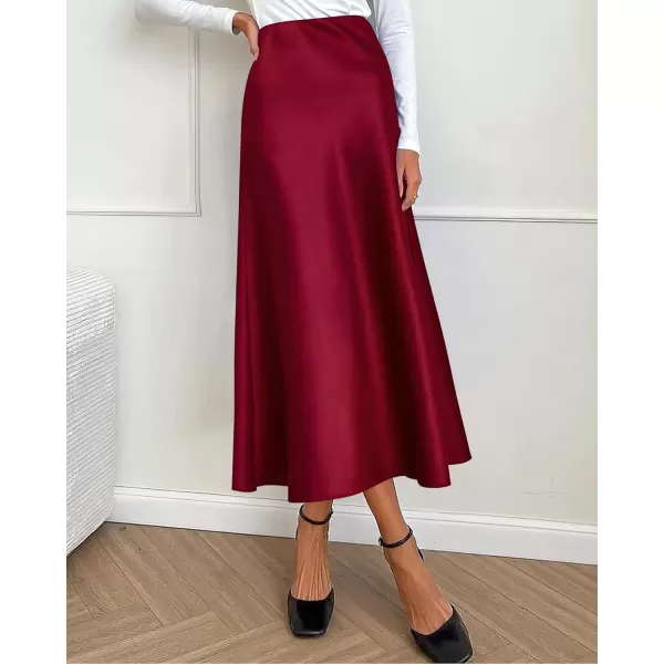 imageBTFBM 2023 Womens Long Satin Summer Fall Skirt Silk Elegant High Waist Cocktail Party Wedding Flared ALine Midi SkirtsSolid Wine Red