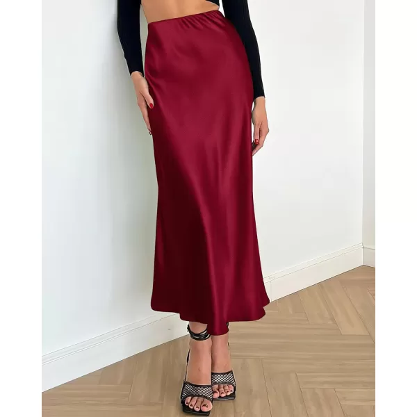 imageBTFBM 2023 Womens Long Satin Summer Fall Skirt Silk Elegant High Waist Cocktail Party Wedding Flared ALine Midi SkirtsSolid Wine Red