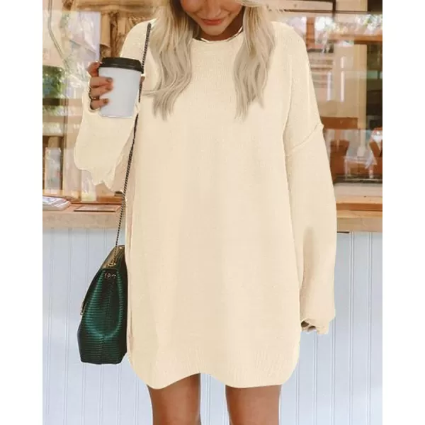 imageBTFBM 2023 Womens Sweaters Casual Crewneck Long Sleeve Oversized Sweater Dress Fall Winter Loose Slouchy Soft PulloverSolid Beige