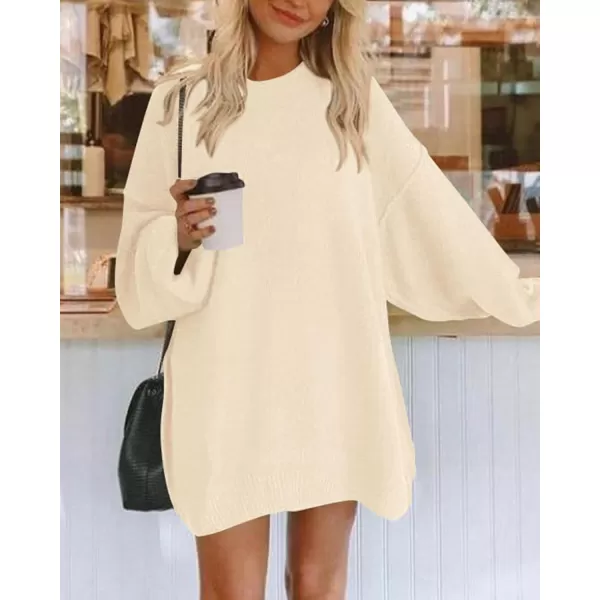 imageBTFBM 2023 Womens Sweaters Casual Crewneck Long Sleeve Oversized Sweater Dress Fall Winter Loose Slouchy Soft PulloverSolid Beige