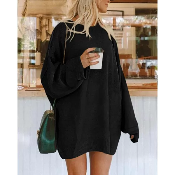 imageBTFBM 2023 Womens Sweaters Casual Crewneck Long Sleeve Oversized Sweater Dress Fall Winter Loose Slouchy Soft PulloverSolid Black