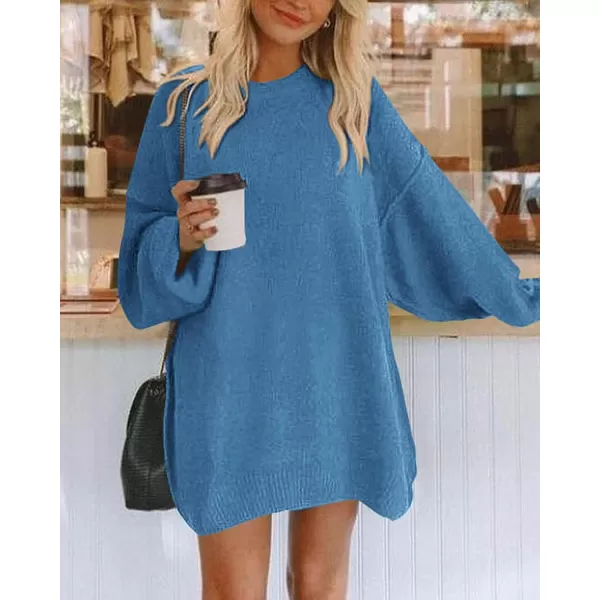 imageBTFBM 2023 Womens Sweaters Casual Crewneck Long Sleeve Oversized Sweater Dress Fall Winter Loose Slouchy Soft PulloverSolid Blue