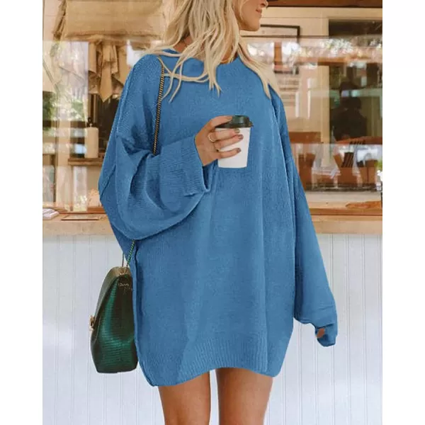 imageBTFBM 2023 Womens Sweaters Casual Crewneck Long Sleeve Oversized Sweater Dress Fall Winter Loose Slouchy Soft PulloverSolid Blue