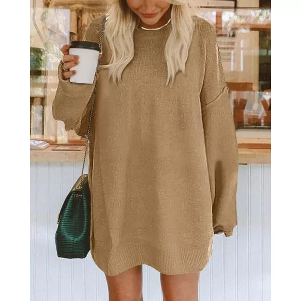 imageBTFBM 2023 Womens Sweaters Casual Crewneck Long Sleeve Oversized Sweater Dress Fall Winter Loose Slouchy Soft PulloverSolid Khaki