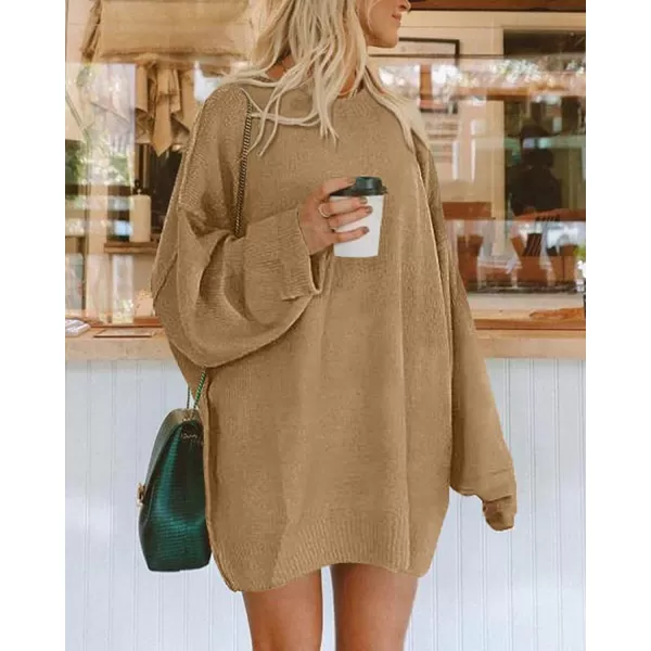 imageBTFBM 2023 Womens Sweaters Casual Crewneck Long Sleeve Oversized Sweater Dress Fall Winter Loose Slouchy Soft PulloverSolid Khaki