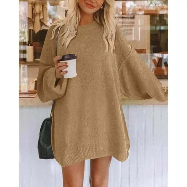 imageBTFBM 2023 Womens Sweaters Casual Crewneck Long Sleeve Oversized Sweater Dress Fall Winter Loose Slouchy Soft PulloverSolid Khaki