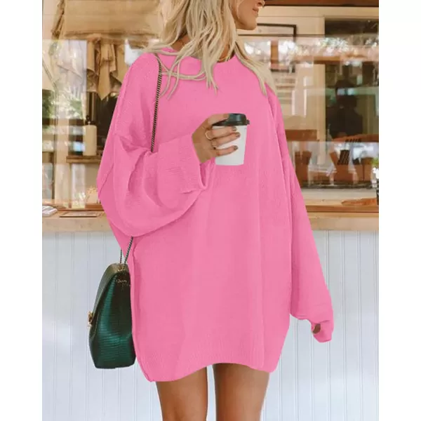 imageBTFBM 2023 Womens Sweaters Casual Crewneck Long Sleeve Oversized Sweater Dress Fall Winter Loose Slouchy Soft PulloverSolid Rose Pink