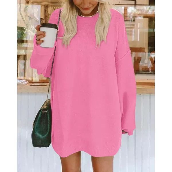 imageBTFBM 2023 Womens Sweaters Casual Crewneck Long Sleeve Oversized Sweater Dress Fall Winter Loose Slouchy Soft PulloverSolid Rose Pink