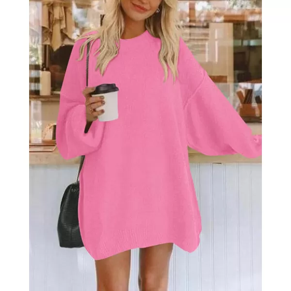 imageBTFBM 2023 Womens Sweaters Casual Crewneck Long Sleeve Oversized Sweater Dress Fall Winter Loose Slouchy Soft PulloverSolid Rose Pink