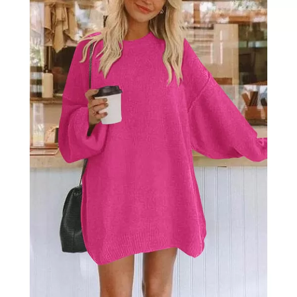 imageBTFBM 2023 Womens Sweaters Casual Crewneck Long Sleeve Oversized Sweater Dress Fall Winter Loose Slouchy Soft PulloverSolid Rose Red