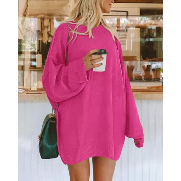 imageBTFBM 2023 Womens Sweaters Casual Crewneck Long Sleeve Oversized Sweater Dress Fall Winter Loose Slouchy Soft PulloverSolid Rose Red