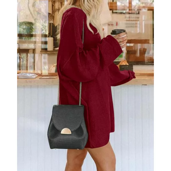 imageBTFBM 2023 Womens Sweaters Casual Crewneck Long Sleeve Oversized Sweater Dress Fall Winter Loose Slouchy Soft PulloverSolid Wine Red