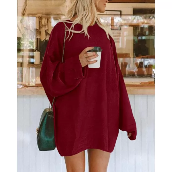 imageBTFBM 2023 Womens Sweaters Casual Crewneck Long Sleeve Oversized Sweater Dress Fall Winter Loose Slouchy Soft PulloverSolid Wine Red
