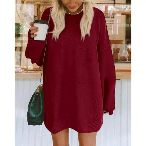 imageBTFBM 2023 Womens Sweaters Casual Crewneck Long Sleeve Oversized Sweater Dress Fall Winter Loose Slouchy Soft PulloverSolid Wine Red