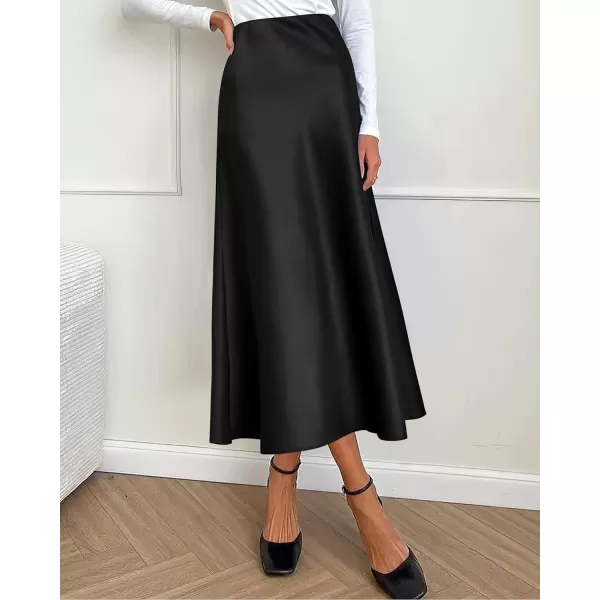 imageBTFBM 2024 Women Long Satin Summer Spring Skirt Silk Elegant High Waist Cocktail Party Wedding Flared ALine Midi SkirtsSolid Black