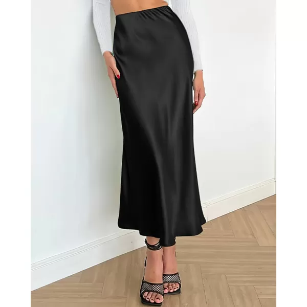 imageBTFBM 2024 Women Long Satin Summer Spring Skirt Silk Elegant High Waist Cocktail Party Wedding Flared ALine Midi SkirtsSolid Black
