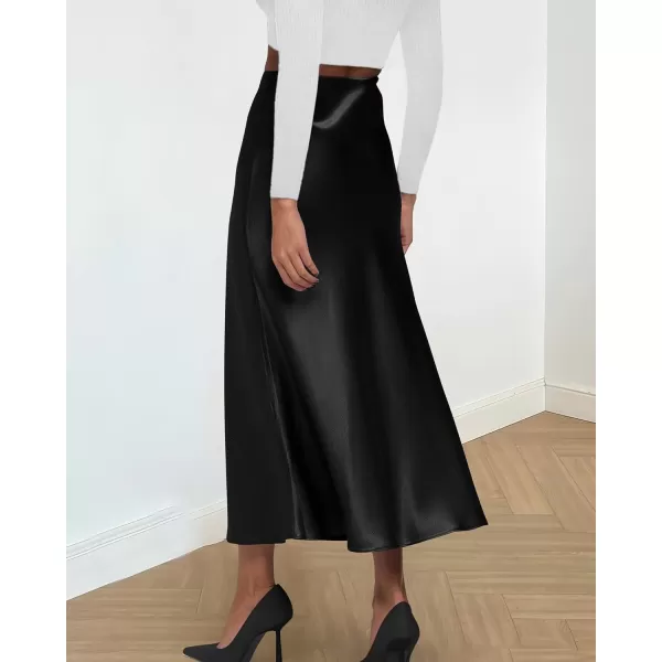 imageBTFBM 2024 Women Long Satin Summer Spring Skirt Silk Elegant High Waist Cocktail Party Wedding Flared ALine Midi SkirtsSolid Black