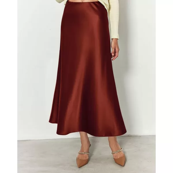 imageBTFBM 2024 Women Long Satin Summer Spring Skirt Silk Elegant High Waist Cocktail Party Wedding Flared ALine Midi SkirtsSolid Brown