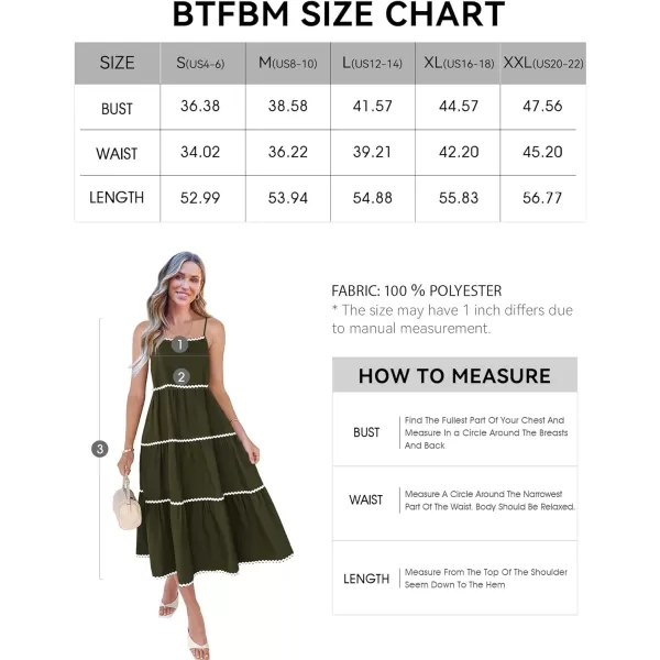 imageBTFBM Boho Summer Dresses 2024 Vacation Spaghetti Strap Backless RIC Rac Trim Tiered ALine Long Casual Swing SundressSolid Army Green