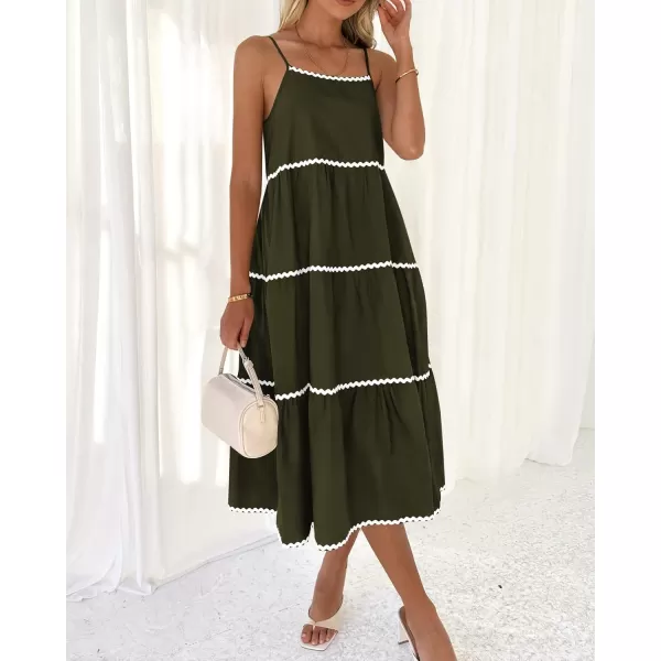 imageBTFBM Boho Summer Dresses 2024 Vacation Spaghetti Strap Backless RIC Rac Trim Tiered ALine Long Casual Swing SundressSolid Army Green