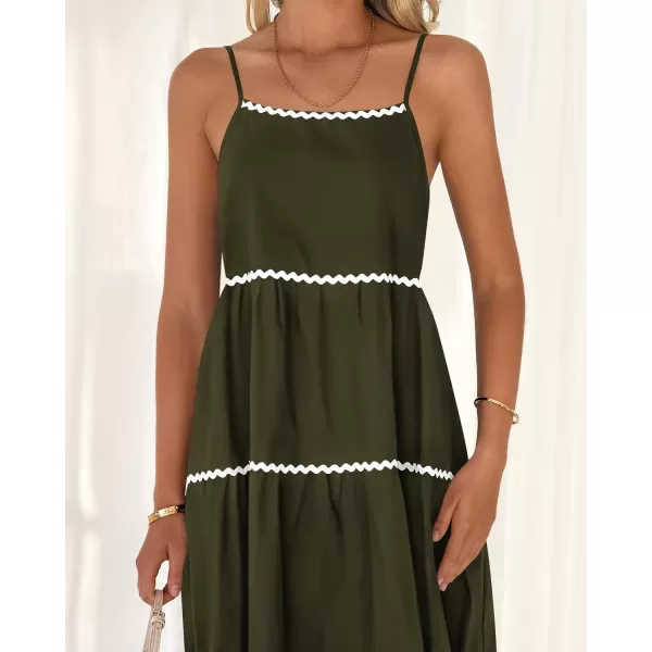 imageBTFBM Boho Summer Dresses 2024 Vacation Spaghetti Strap Backless RIC Rac Trim Tiered ALine Long Casual Swing SundressSolid Army Green