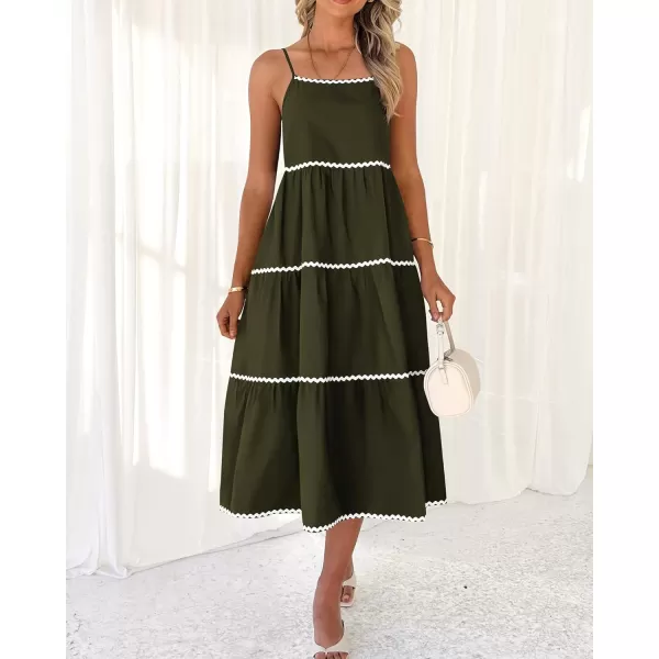imageBTFBM Boho Summer Dresses 2024 Vacation Spaghetti Strap Backless RIC Rac Trim Tiered ALine Long Casual Swing SundressSolid Army Green