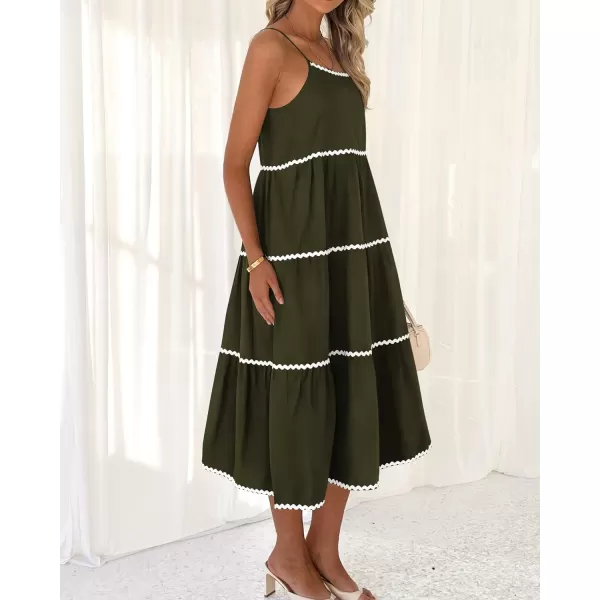 imageBTFBM Boho Summer Dresses 2024 Vacation Spaghetti Strap Backless RIC Rac Trim Tiered ALine Long Casual Swing SundressSolid Army Green