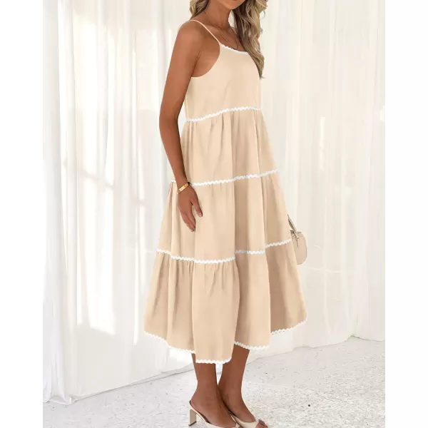 imageBTFBM Boho Summer Dresses 2024 Vacation Spaghetti Strap Backless RIC Rac Trim Tiered ALine Long Casual Swing SundressSolid Beige