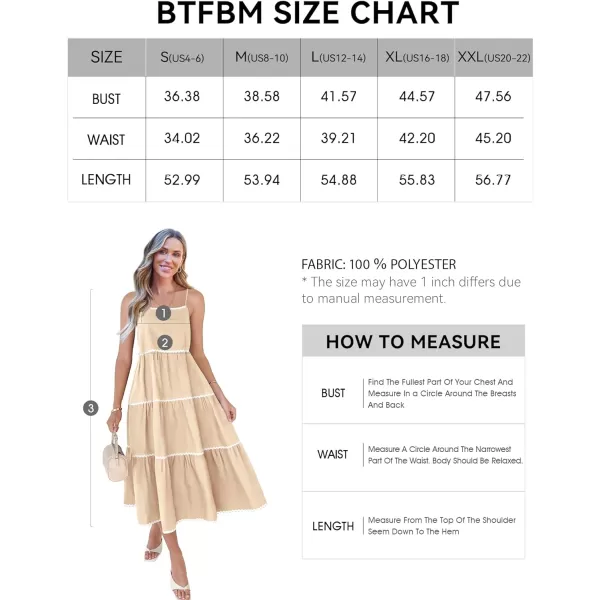 imageBTFBM Boho Summer Dresses 2024 Vacation Spaghetti Strap Backless RIC Rac Trim Tiered ALine Long Casual Swing SundressSolid Beige
