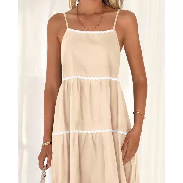 imageBTFBM Boho Summer Dresses 2024 Vacation Spaghetti Strap Backless RIC Rac Trim Tiered ALine Long Casual Swing SundressSolid Beige