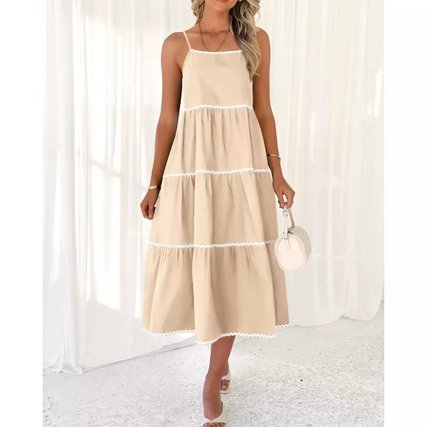 imageBTFBM Boho Summer Dresses 2024 Vacation Spaghetti Strap Backless RIC Rac Trim Tiered ALine Long Casual Swing SundressSolid Beige