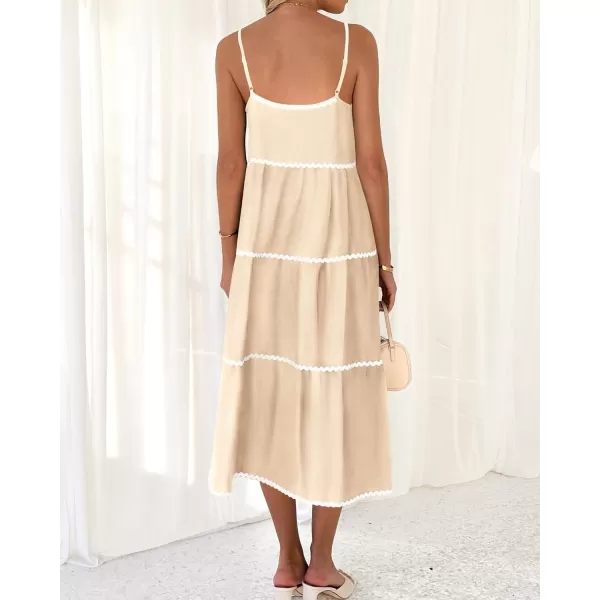 imageBTFBM Boho Summer Dresses 2024 Vacation Spaghetti Strap Backless RIC Rac Trim Tiered ALine Long Casual Swing SundressSolid Beige