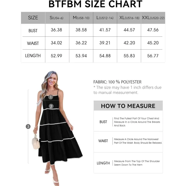 imageBTFBM Boho Summer Dresses 2024 Vacation Spaghetti Strap Backless RIC Rac Trim Tiered ALine Long Casual Swing SundressSolid Black