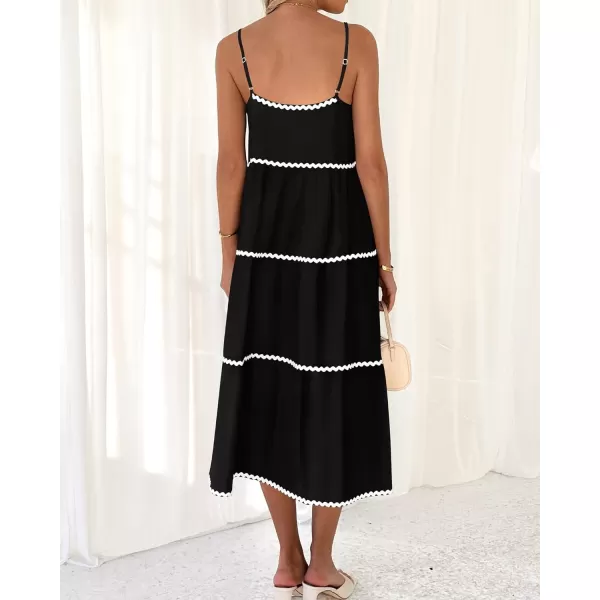 imageBTFBM Boho Summer Dresses 2024 Vacation Spaghetti Strap Backless RIC Rac Trim Tiered ALine Long Casual Swing SundressSolid Black