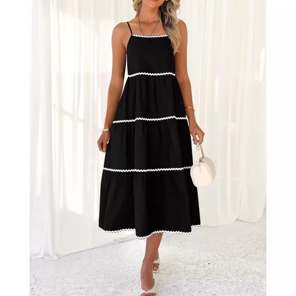 imageBTFBM Boho Summer Dresses 2024 Vacation Spaghetti Strap Backless RIC Rac Trim Tiered ALine Long Casual Swing SundressSolid Black