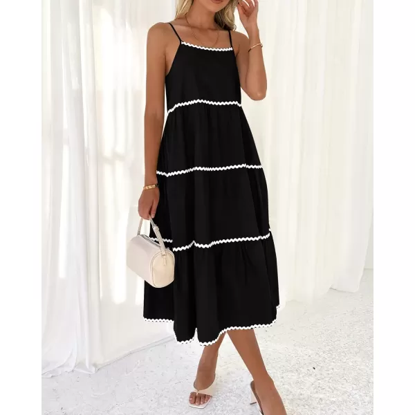 imageBTFBM Boho Summer Dresses 2024 Vacation Spaghetti Strap Backless RIC Rac Trim Tiered ALine Long Casual Swing SundressSolid Black