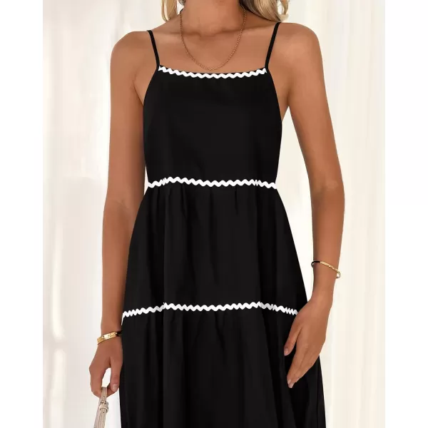 imageBTFBM Boho Summer Dresses 2024 Vacation Spaghetti Strap Backless RIC Rac Trim Tiered ALine Long Casual Swing SundressSolid Black