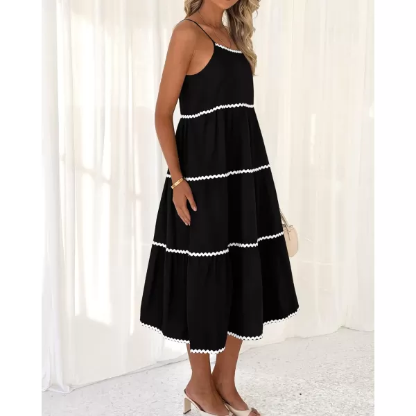 imageBTFBM Boho Summer Dresses 2024 Vacation Spaghetti Strap Backless RIC Rac Trim Tiered ALine Long Casual Swing SundressSolid Black