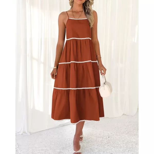 imageBTFBM Boho Summer Dresses 2024 Vacation Spaghetti Strap Backless RIC Rac Trim Tiered ALine Long Casual Swing SundressSolid Brick Red