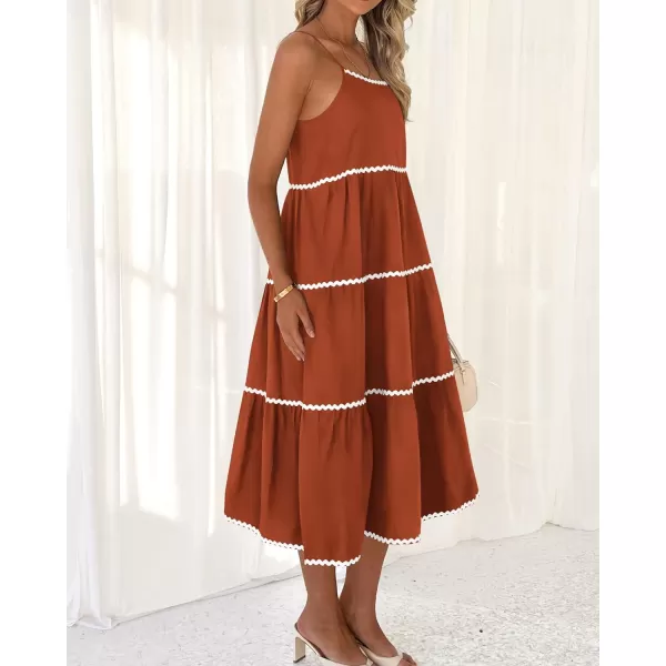 imageBTFBM Boho Summer Dresses 2024 Vacation Spaghetti Strap Backless RIC Rac Trim Tiered ALine Long Casual Swing SundressSolid Brick Red