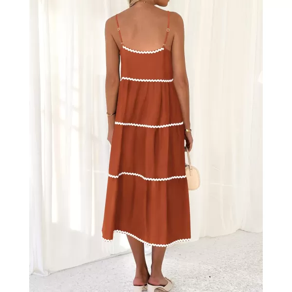 imageBTFBM Boho Summer Dresses 2024 Vacation Spaghetti Strap Backless RIC Rac Trim Tiered ALine Long Casual Swing SundressSolid Brick Red