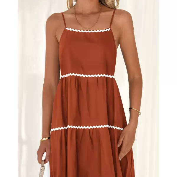 imageBTFBM Boho Summer Dresses 2024 Vacation Spaghetti Strap Backless RIC Rac Trim Tiered ALine Long Casual Swing SundressSolid Brick Red