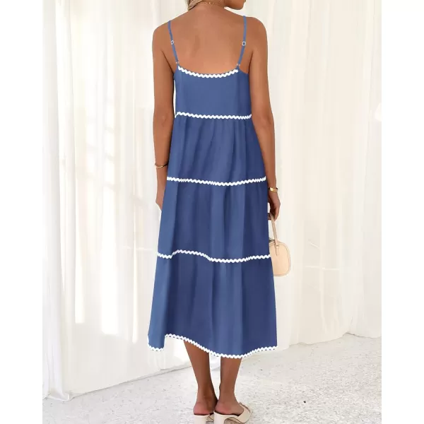 imageBTFBM Boho Summer Dresses 2024 Vacation Spaghetti Strap Backless RIC Rac Trim Tiered ALine Long Casual Swing SundressSolid Dark Blue