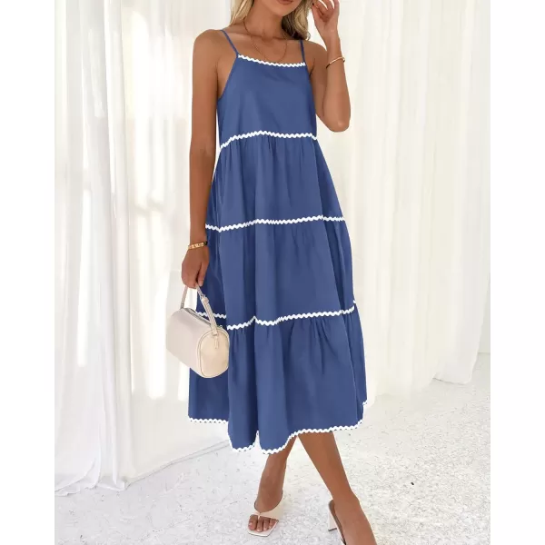 imageBTFBM Boho Summer Dresses 2024 Vacation Spaghetti Strap Backless RIC Rac Trim Tiered ALine Long Casual Swing SundressSolid Dark Blue